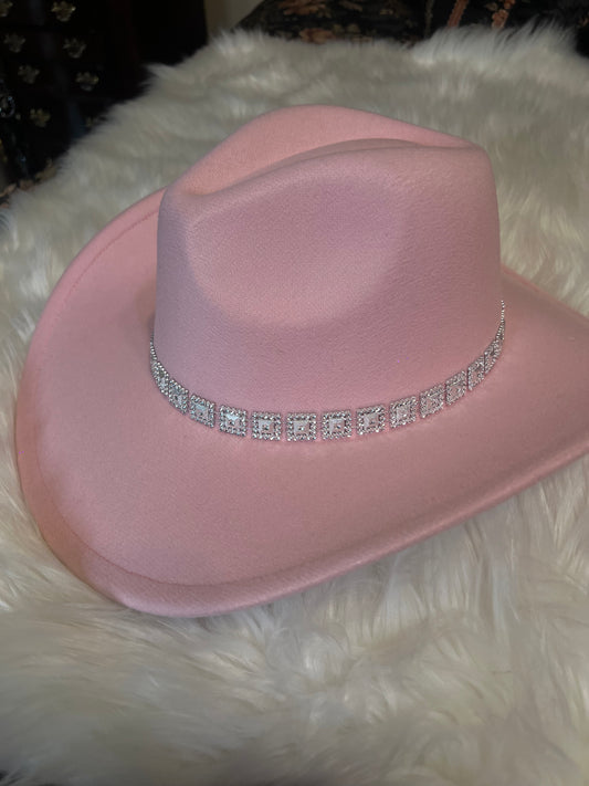 Soft Pink Felt Cowboy Hate - Square Rhinestone band