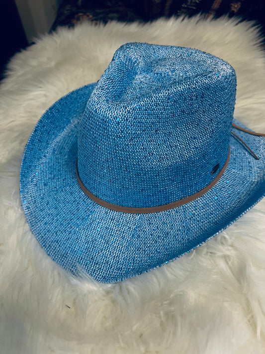 Blue Straw Blinged Cowboy Hat