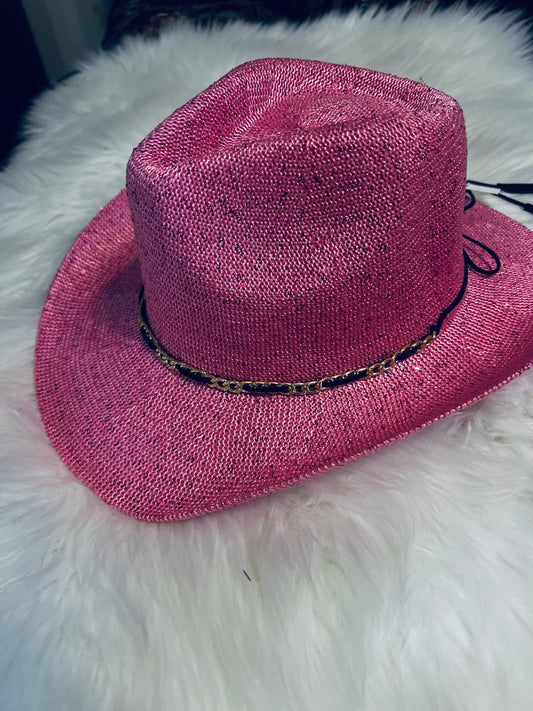 Pink Straw Blinged Cowboy Hat