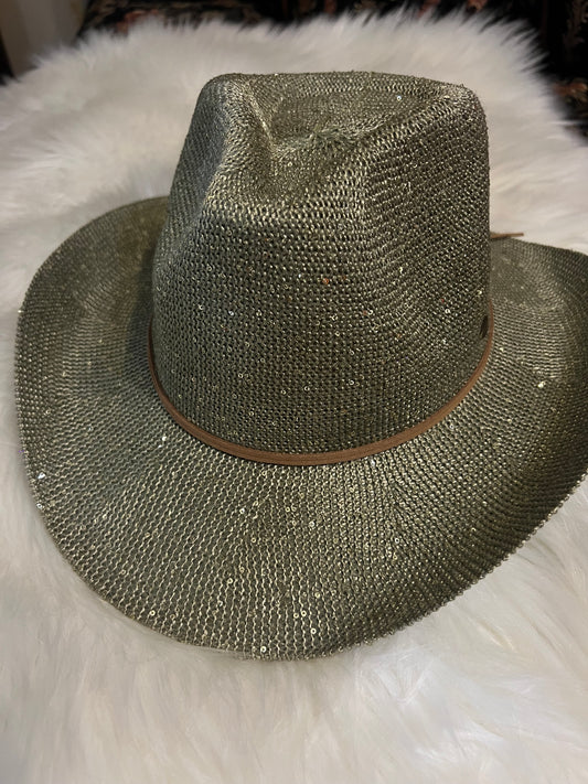 Olive Green Straw Blinged Cowboy Hat