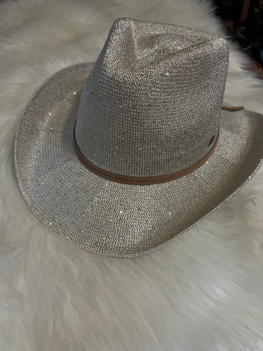 Beige Straw Blinged Cowboy Hat
