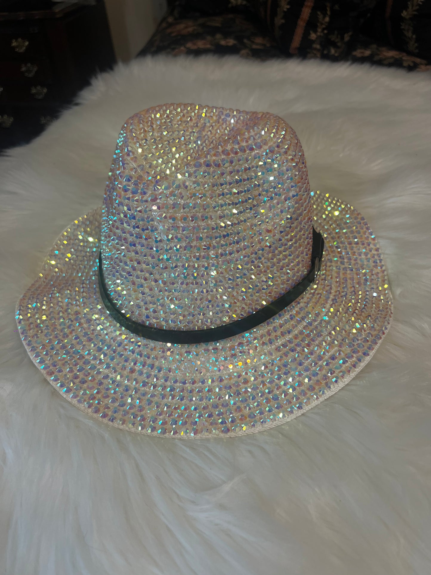 All White Rhinestone Straw Fedora