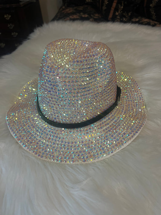 All White Rhinestone Straw Fedora