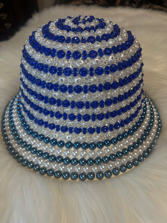 Blue and White Beaded Bucket Hat