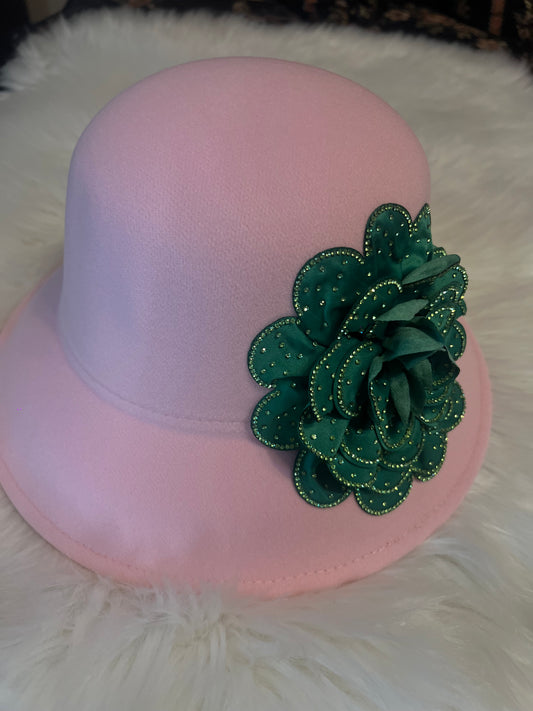 Pink Bucket Hat with Green Flower