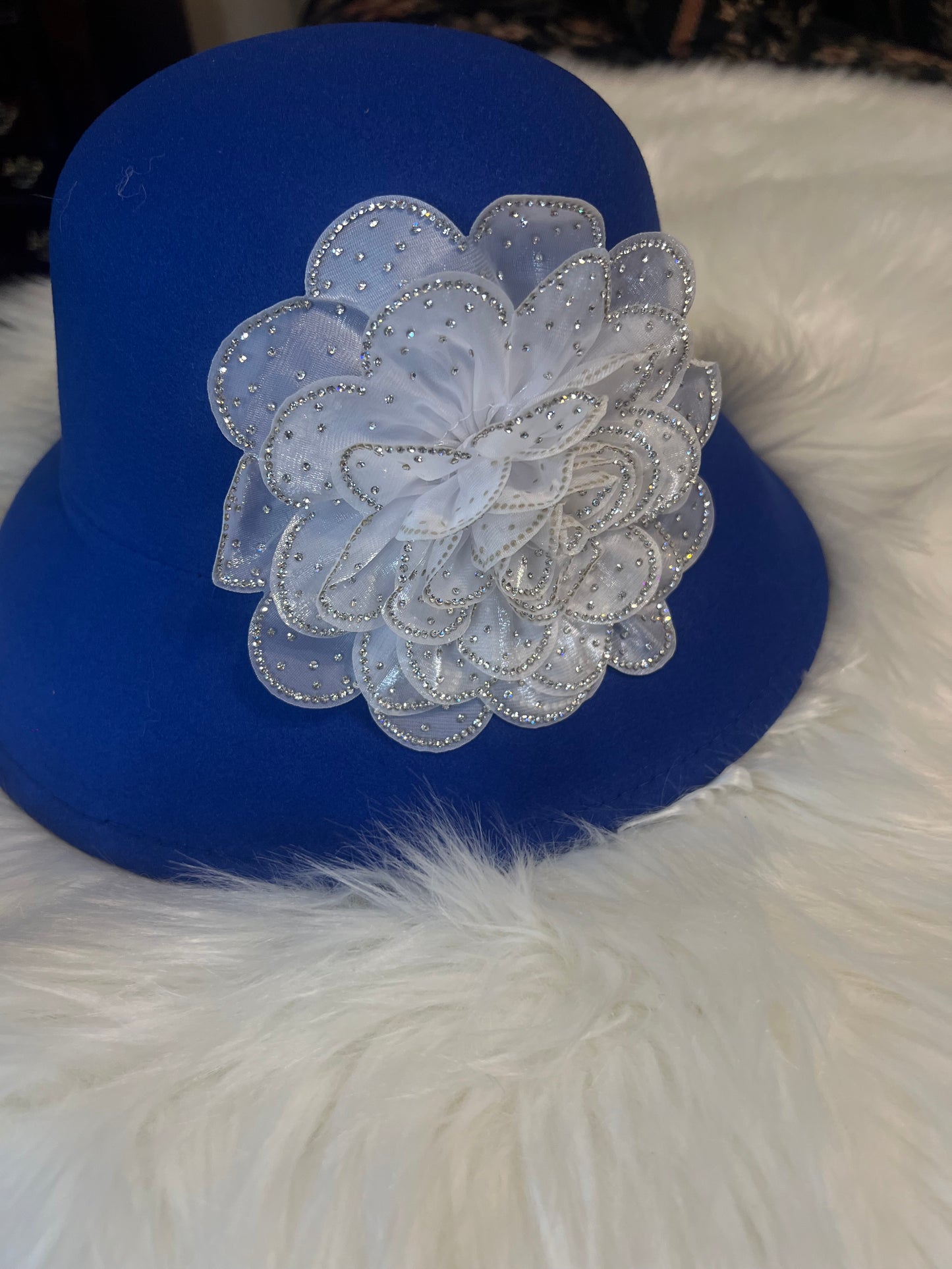 Blue Bucket Hat with White Flower