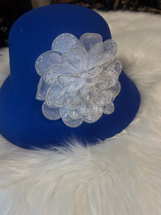 Blue Bucket Hat with White Flower