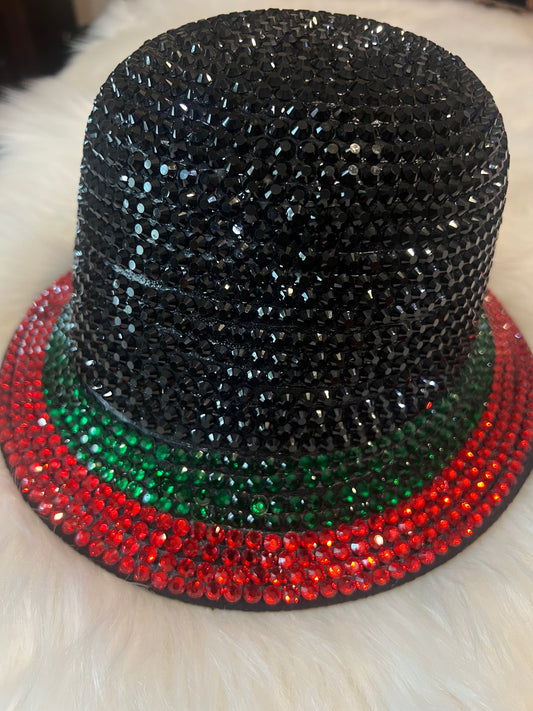 Black Bling Bucket Hat with Green and Red Trim
