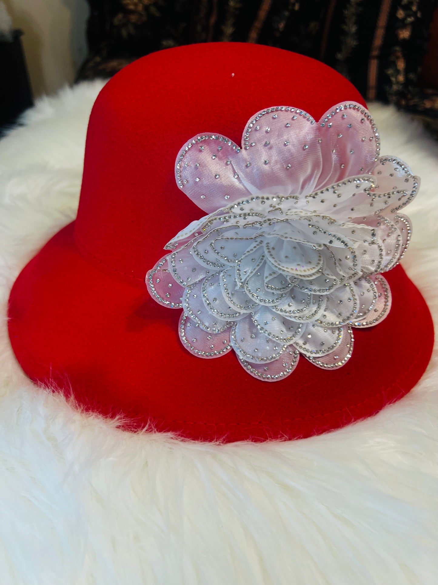 Red Bucket Hat with Flower