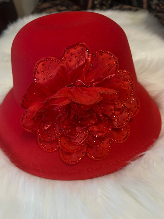 Red Bucket Hat with Red Flower